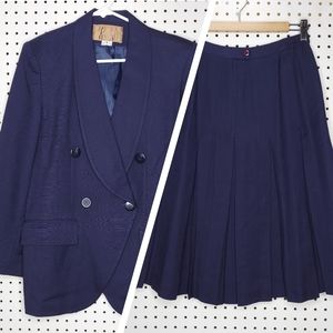 Vtg Saville Double-Breasted Skirt Suit 8 Blazer Pleated Midi Button VNeck Navy